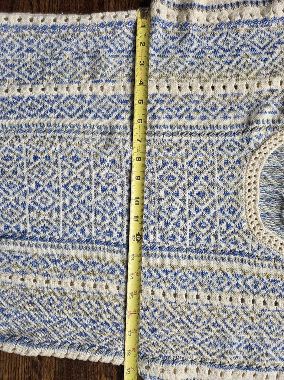 Miss Me Boho Geometric Knit Fringe Sweater Vest Top Blue Cream Large - Picture 4 of 7